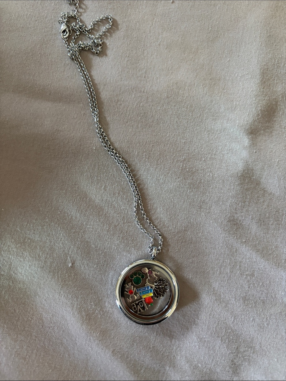 Silver Floating Charm Locket Necklace with Multicolor Charms